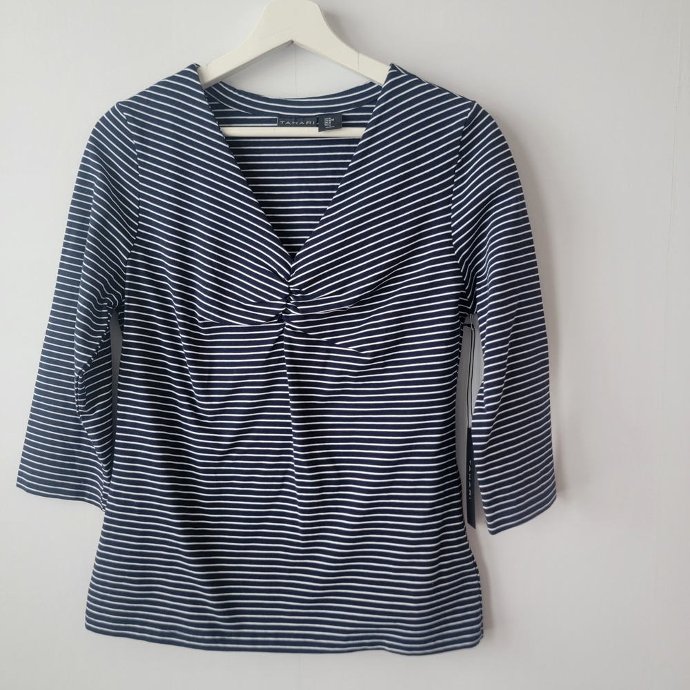 Tahari women's striped V-neck top sz M 3/4 sleeves a ruched front detail Basic